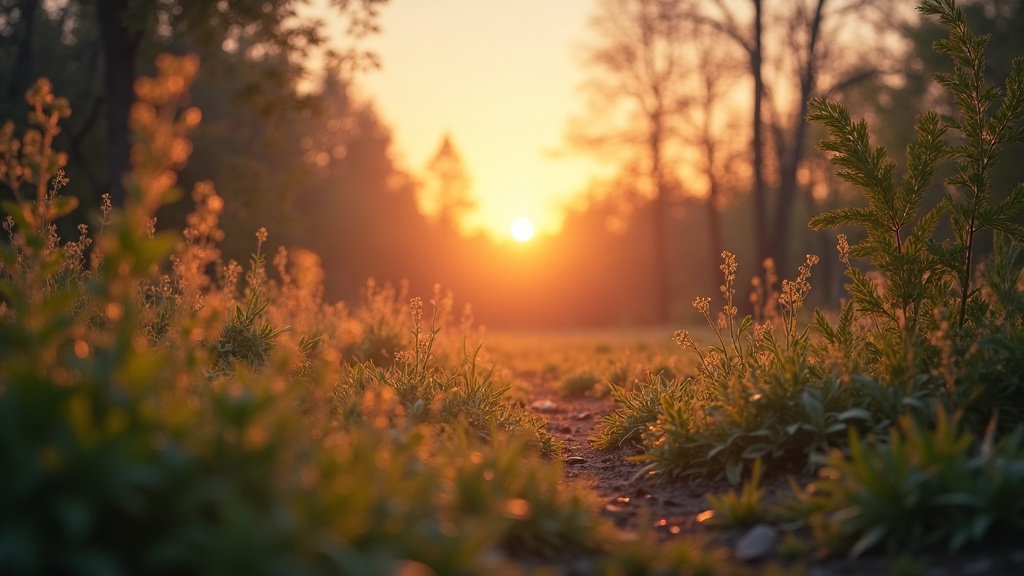 A tranquil natural scene at sunrise with soft light and peaceful colors, surrounded by nature, symbolizing calm and mindfulness